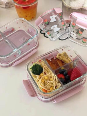 [Buy 6 Get 10% Off] Pretty Pink Glass Container with Flower Design | Microwave Safe Lunch Box